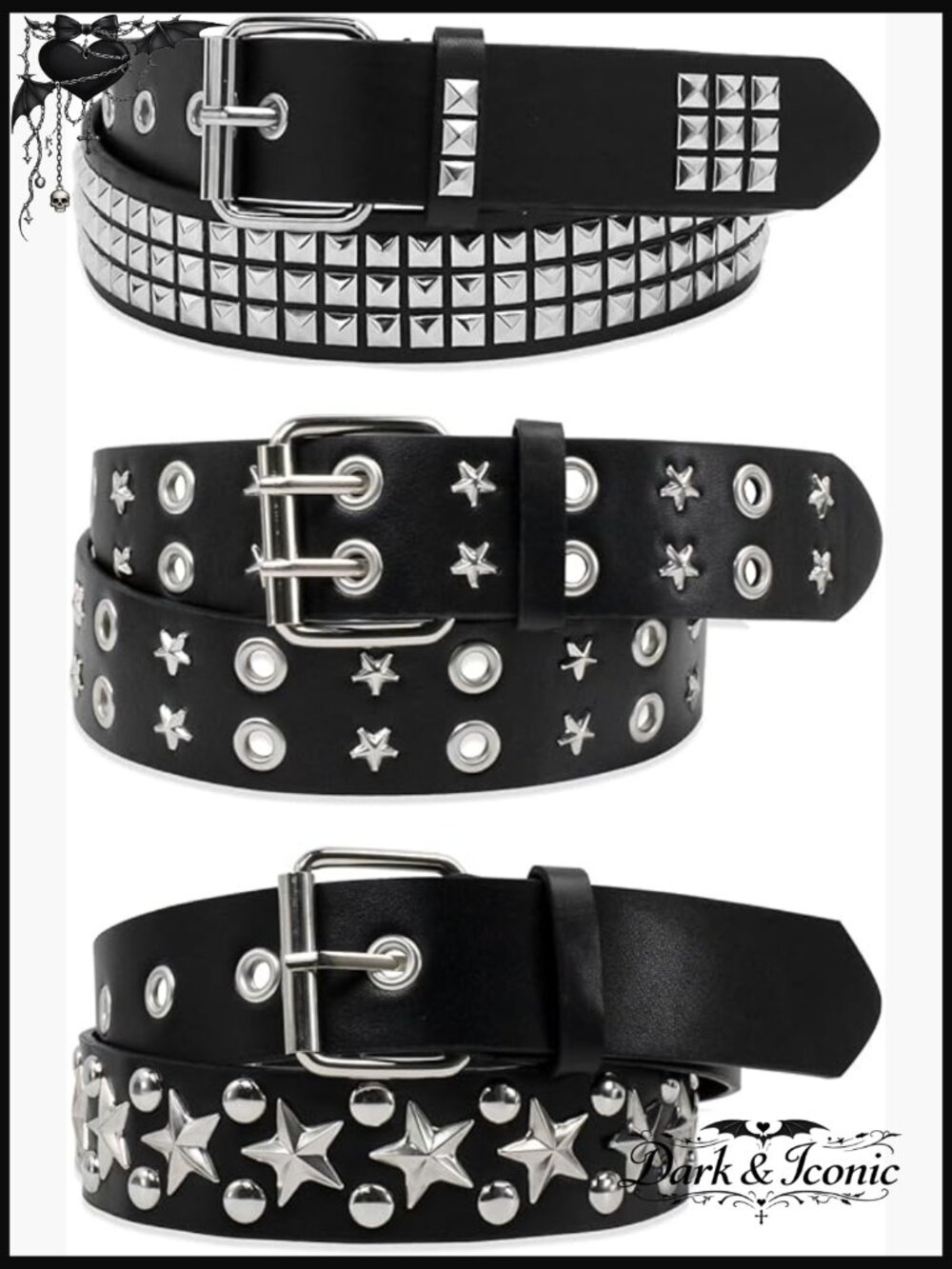3 Pcs Y2K Star & Studded Belt Set - Double Grommet Punk - Picture 1 of 7